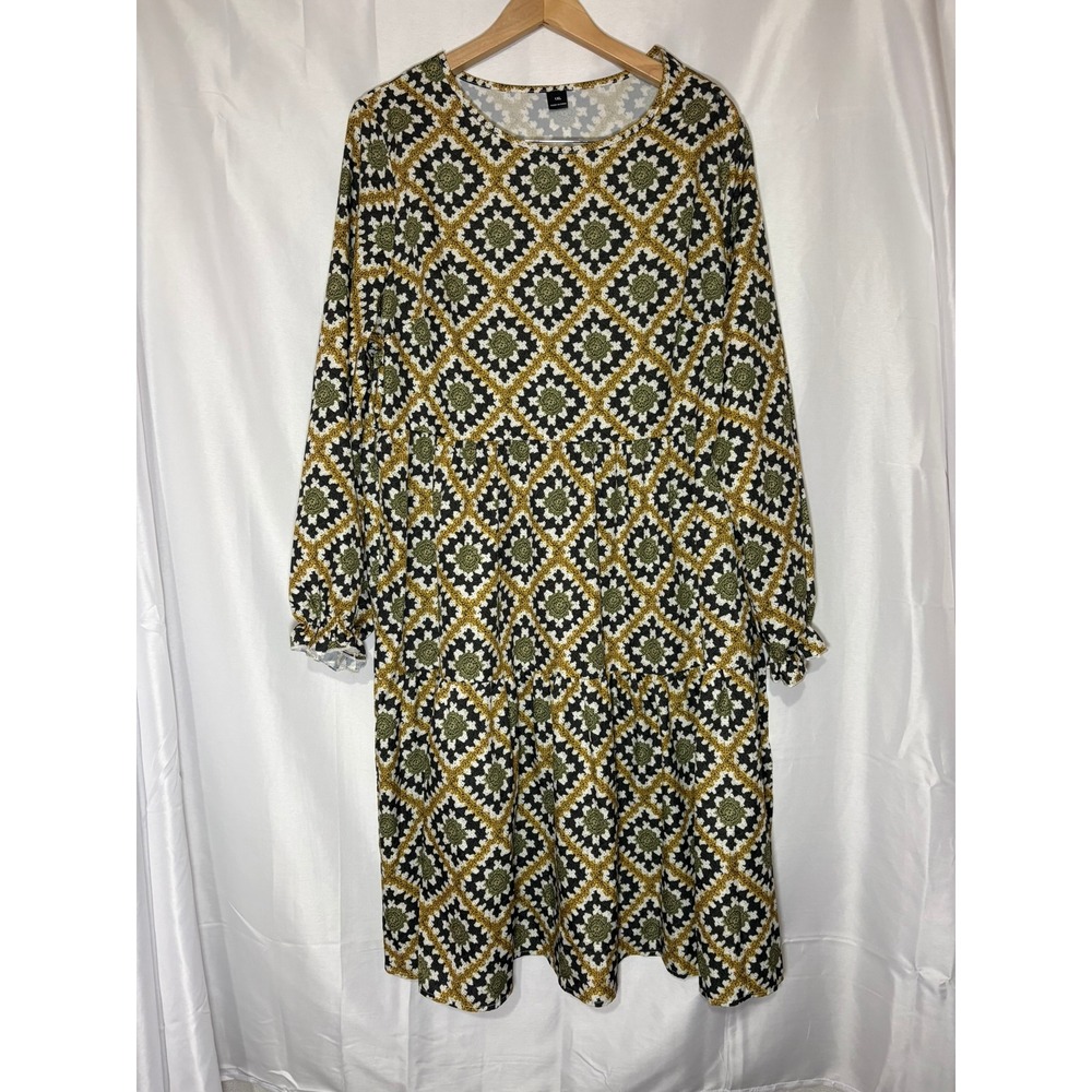 Geometric Medallion Tiered Long Sleeve Dress Olive Mustard Black 1XL